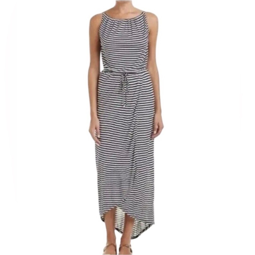 CAbi Boat Stripe Maxi Dress Small Navy White Faux Wrap Drawstring Waist 5105